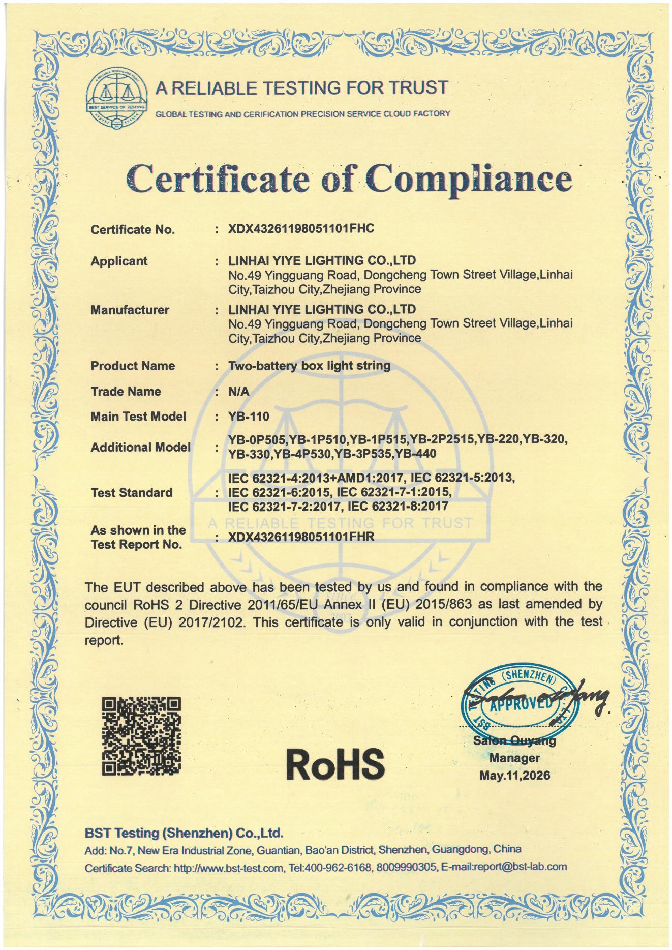 RoHS Certificate of Compliance